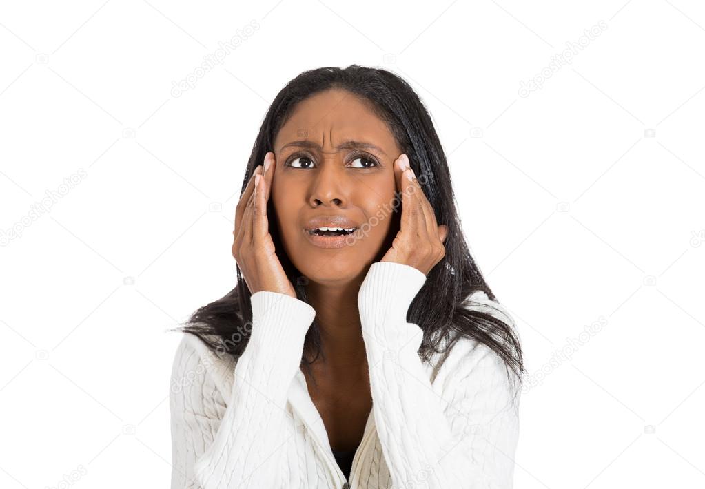 Closeup portrait stressed woman with headache holding head