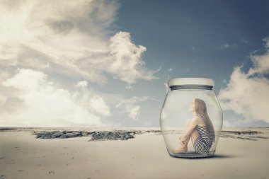 young woman sitting in a jar in the desert. Loneliness outlier concept  clipart