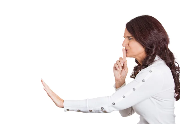 Kadın parmak birine işaret dilinde sessiz gizli — Stok fotoğraf