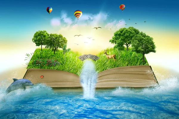 Illustration magic opened book covered with grass trees waterfall — Stock Photo, Image