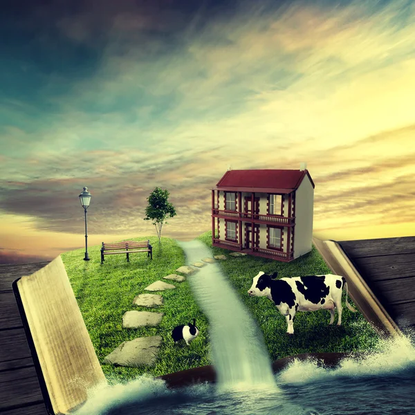 Magic opened book with family home, covered with grass — Stock Photo, Image