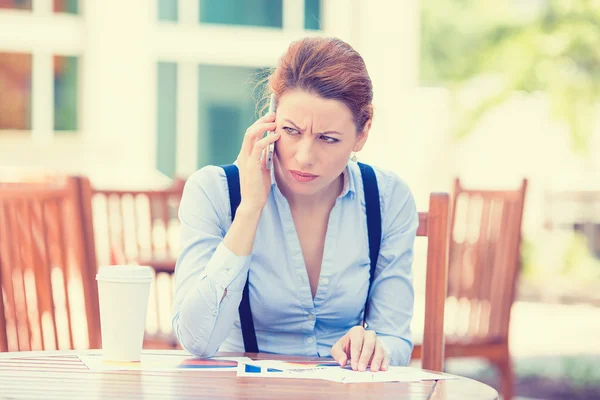 Stressed worried business woman talking on mobile phone — Stock Photo, Image