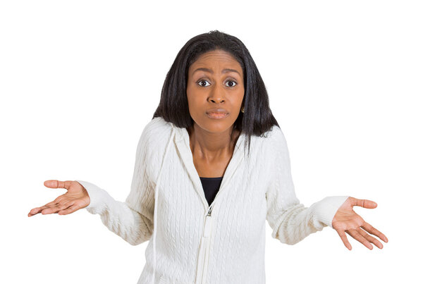 woman arms out shrugs shoulders I don't know