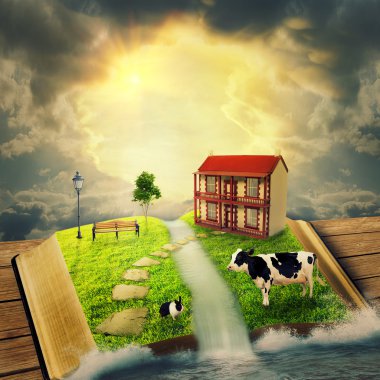 Sihirli açık kitap evi ile kaplı olan çim ağaç sarhoş yolu