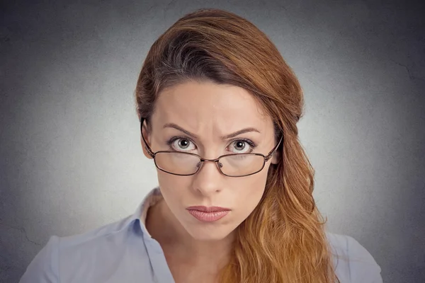 Skepticism. Angry grumpy doubtful woman looking at you — Stock Photo, Image