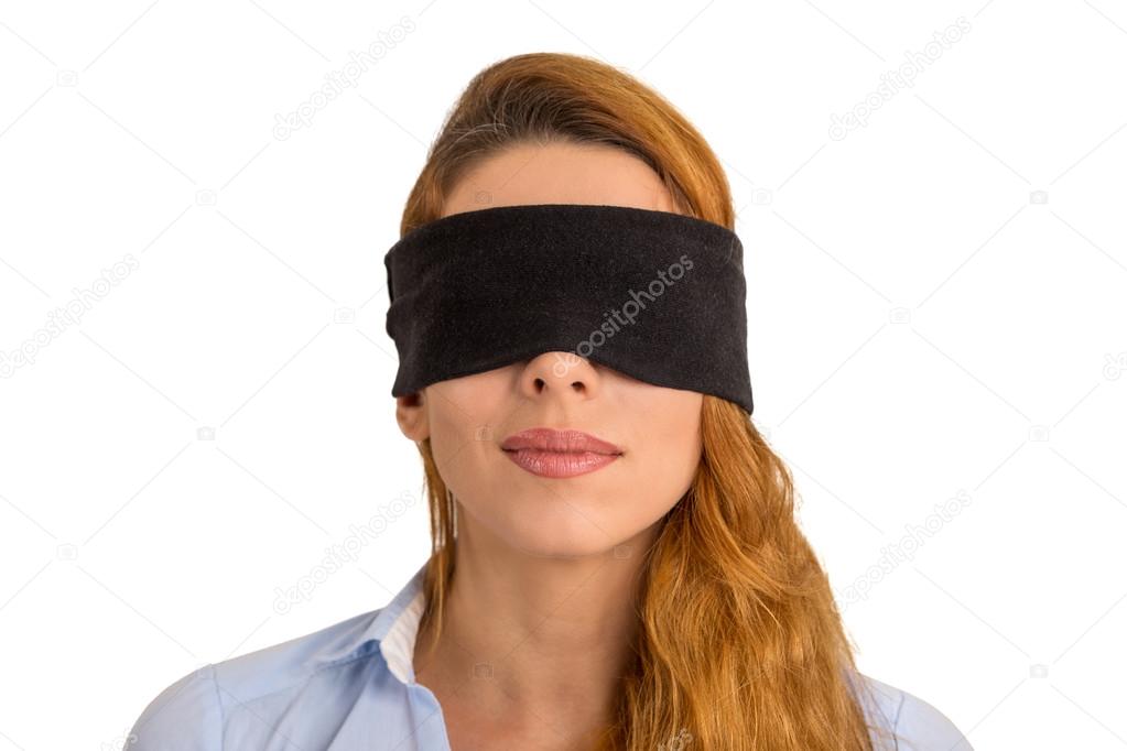 Portrait young woman blindfolded isolated white background 