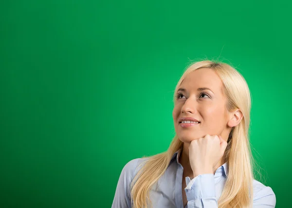 Happy beautiful blonde woman thinking looking up — Stock Photo, Image