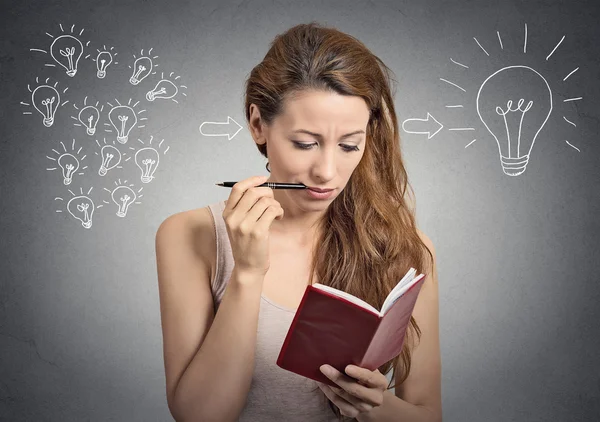 Portrait beautiful girl thinking planning writing down notes — Stock Photo, Image