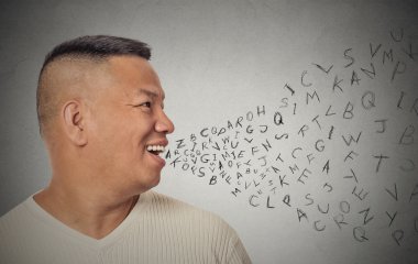 man talking with alphabet letters coming out of open mouth clipart