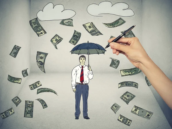 Sketch of a man under a money rain isolated on gray background — Stock Photo, Image