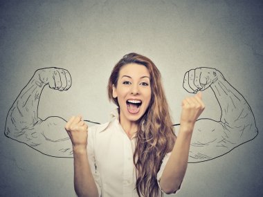 happy woman exults pumping fists ecstatic celebrates success 