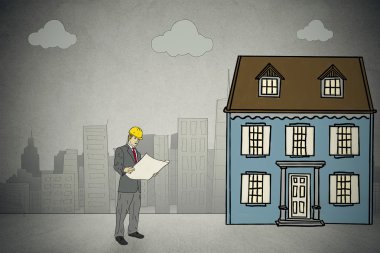 taslak ile kask içinde adam mühendisinin resmini. İnşaat kavramı