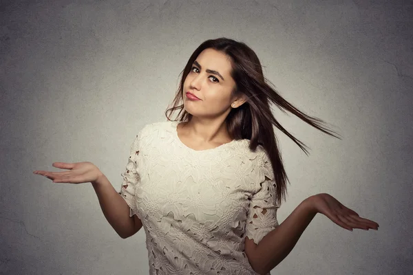 Woman arms out shrugs shoulders who cares so what — Stock Photo, Image