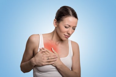 Young woman with chest breast pain colored in red clipart