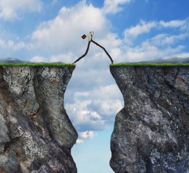 Overcoming obstacle man with long legs walking past through high cliffs