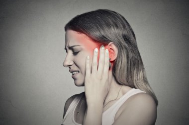 side profile sick female having ear pain touching painful head  clipart