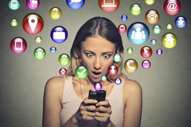 anxious woman looking at smart phone app icons flying away from screen