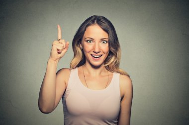 excited woman pointing with finger up clipart