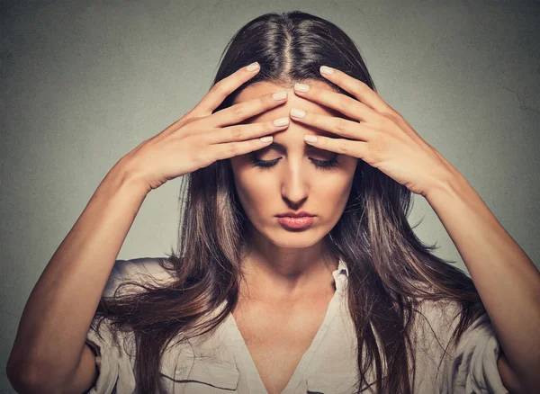 Stressed sad young woman with eyes closed having bad day — Stockfoto