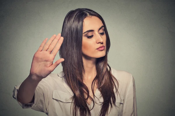 Annoyed angry woman with bad attitude giving talk to hand gesture — Stock Photo, Image