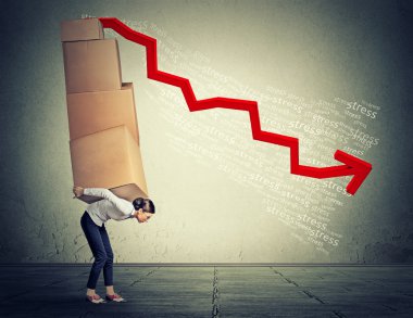 Stressed woman carrying pile of large boxes
