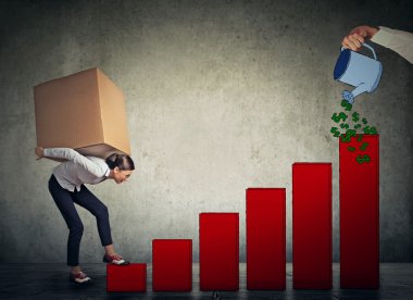 Woman with heavy box on her back climbing up financial success l