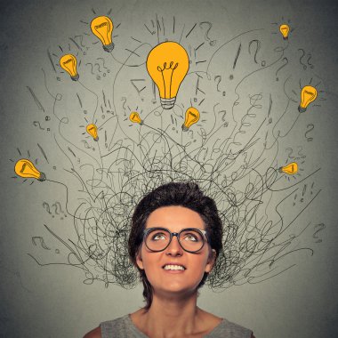thinking woman with question signs and light idea bulb above head