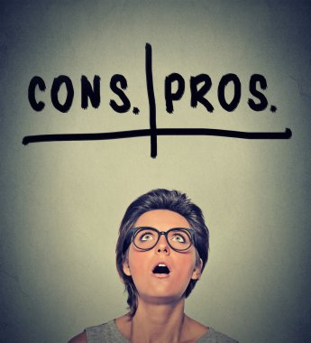 pros and cons, for and against argument concept. Woma deciding