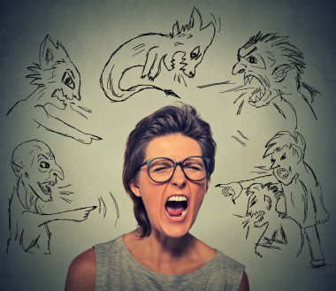 Evil men pointing at stressed frustrated screaming woman clipart