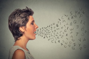 woman talking with alphabet letters coming out of her mouth clipart