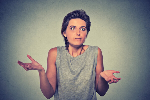 looking woman arms out shrugs shoulders