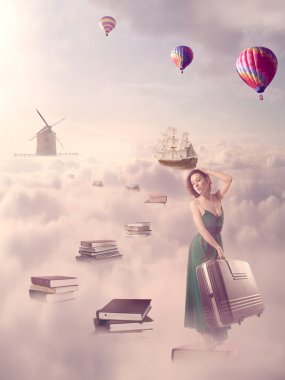 In search for knowledge concept. Woman walking down the book pass