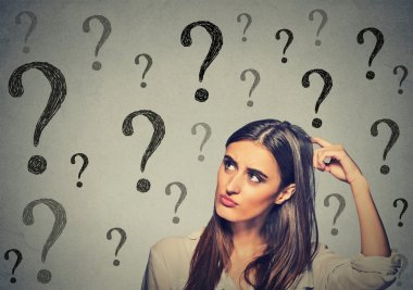 confused thinking woman scratching her head looking up at many question marks clipart