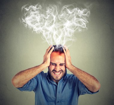 stressed man screaming thinking too hard steam coming out up of head