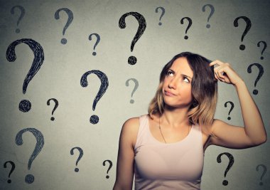 Thinking young woman with looking up at many questions marks clipart