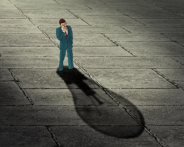 Brainstorming Geschäftsmann Konzept. Mann mit seinem Schatten in Form einer Glühbirne — Stockfoto