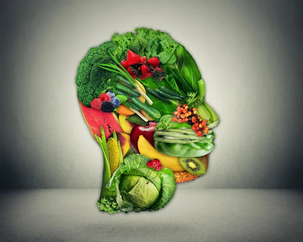 Healthy lifestyle choice. Fresh vegetables and fruit shaped as human head — 图库照片