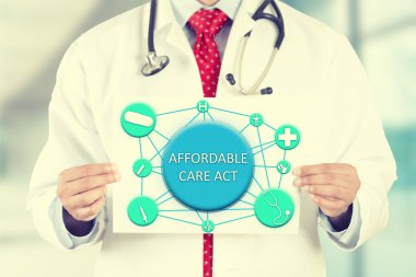 doctor hands holding white card sign with affordable care act text message