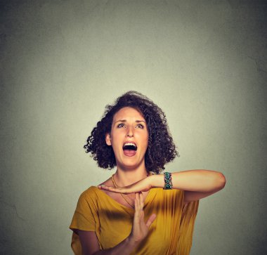 Young woman showing time out hand gesture, frustrated screaming clipart