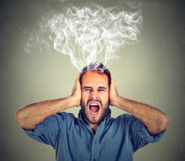 stressed man screaming frustrated overwhelmed steam coming out up of head