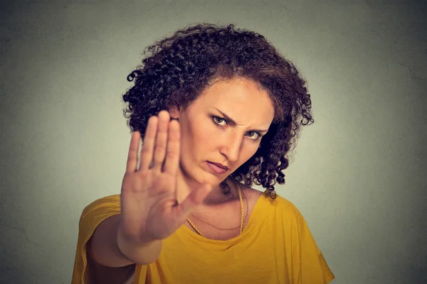 Young annoyed angry woman with bad attitude giving talk to hand gesture — Stock Photo, Image