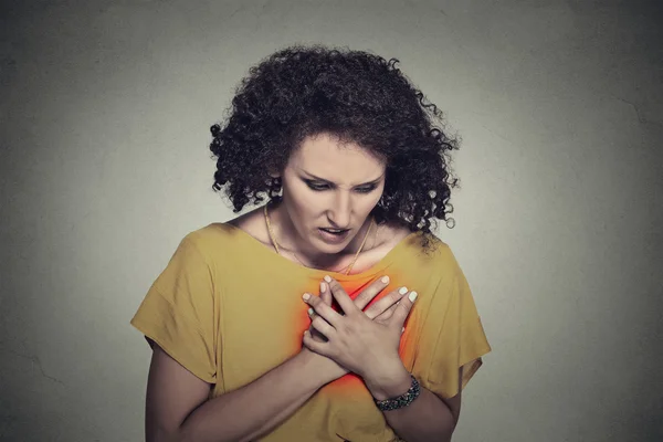 Sick middle aged woman with heart attack, pain — Stockfoto