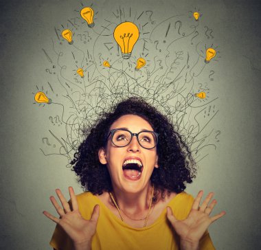 excited happy screaming woman with many light idea bulbs above head clipart