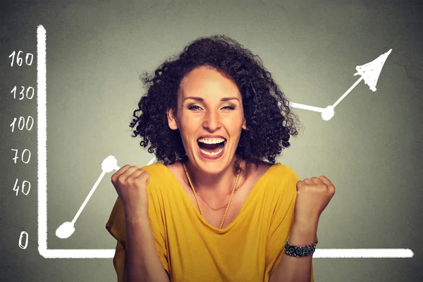 Mujer de negocios exitosa bombeando puños felices con el crecimiento de la riqueza — Foto de Stock