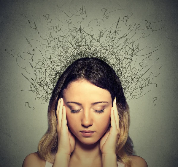 Sad young woman with worried stressed face expression and brain melting into lines — Stock Photo, Image