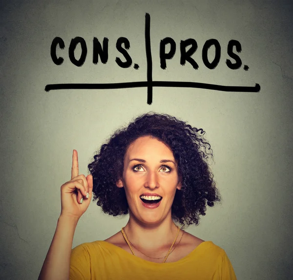 Pros and cons argument concept. Woman with glasses looking up deciding — Stock Image Pros and cons argument concept. Woman with glasses looking up deciding Royalty Free Stock Images