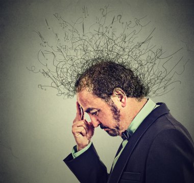 worried man with worried stressed face expression and brain melting into lines 