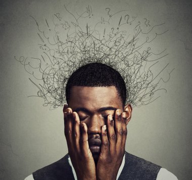 Depressed man with worried desperate stressed expression and brain melting into lines