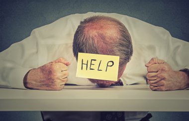 Tired, stressed senior employee needs help clipart
