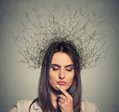 upset woman with worried face expression eyes closed and brain melting into lines